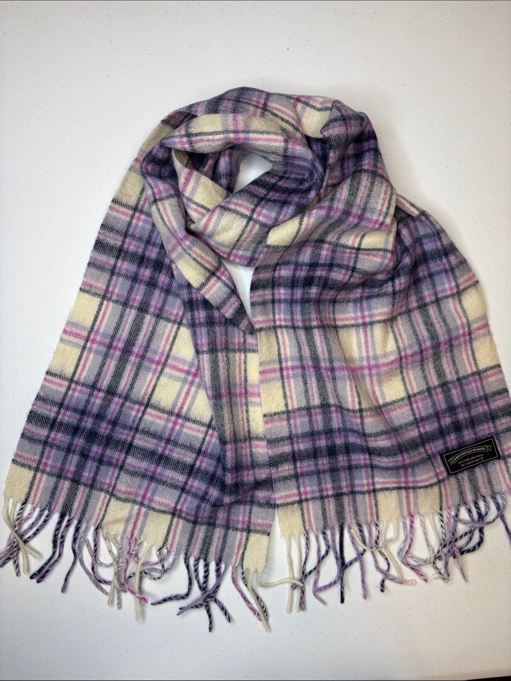 James Pringle Weavers Scottish Wool Scarf Plaid Fringe Cream Purple